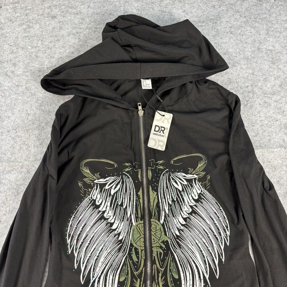 INAWLY Black Angel Wing Rhinestone Hooded Zip Mini Dress Womens S NWT Goth Y2K - Picture 4 of 15